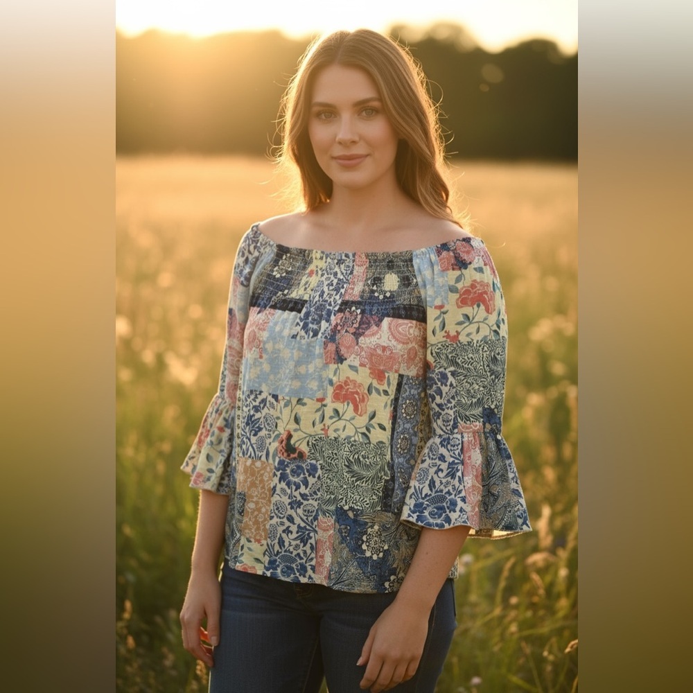 Cato Multicolor Patchwork Off-Shoulder Blouse NWT - image 1
